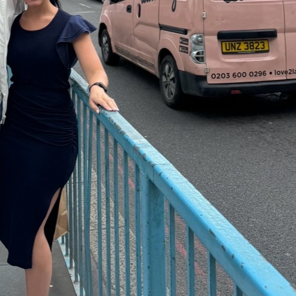 Navy Blue Dress with Ruffle Sleeve